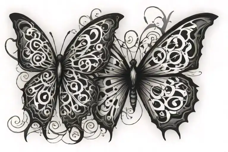 shatter butterfly with eyes in it and "I · XXIV · MMV" text around tattoo design idea
