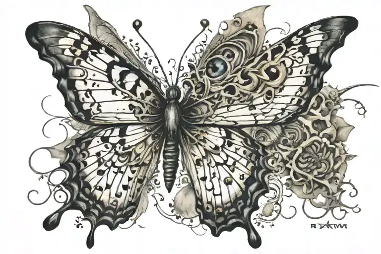 shatter butterfly with eyes in it and text "I · XXIV · MMV" around tattoo design idea