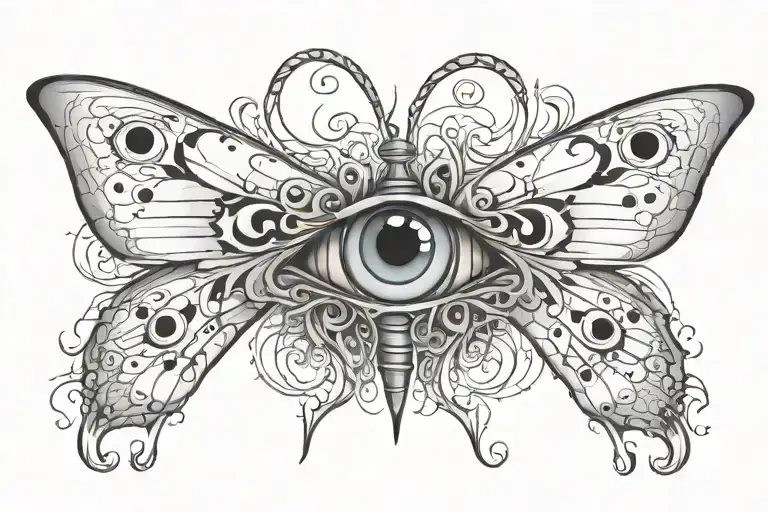 shatter split butterfly with eyes in it and text "I · XXIV · MMV" around tattoo design idea