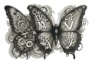 shatter butterfly with eyes in it and "I · XXIV · MMV" text around tattoo design idea