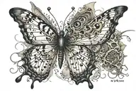 shatter butterfly with eyes in it and text "I · XXIV · MMV" around tattoo design idea