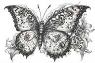 shatter butterfly with eyes in it and text "I · XXIV · MMV" around tattoo design idea