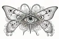shatter split butterfly with eyes in it and text "I · XXIV · MMV" around tattoo design idea