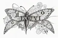 shatter split butterfly with eyes in it and text "I · XXIV · MMV" around tattoo design idea