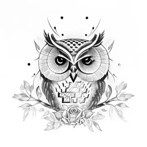 owl skull, Nordic runes, foliage, flowers, danity lines tattoo design idea