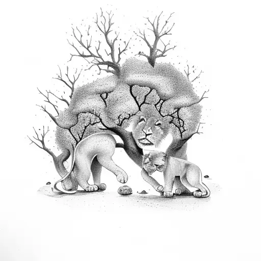 arbre de vie avec racines abîmées, en petit lion incrusté dans le tronc et les branches fleurissantes tattoo design idea