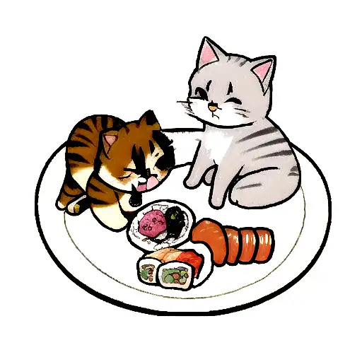 A cat and a dog sharing a plate of sushi tattoo design idea