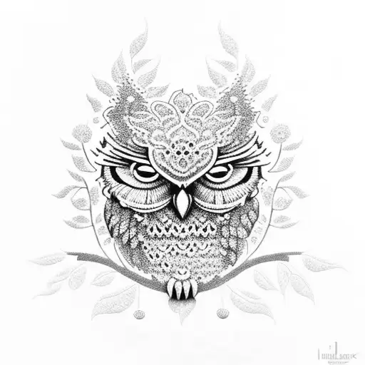 An intricate dotwork design featuring a sleeping owl nestled among blooming flowers and leaves, representing tranquility and beauty. tattoo design idea