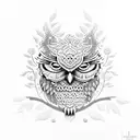 An intricate dotwork design featuring a sleeping owl nestled among blooming flowers and leaves, representing tranquility and beauty. tattoo design idea