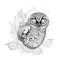 An intricate dotwork design featuring a sleeping owl nestled among blooming flowers and leaves, representing tranquility and beauty. tattoo design idea