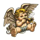 cherub Angel smoking a bong shaped like the Nintendo tattoo design idea