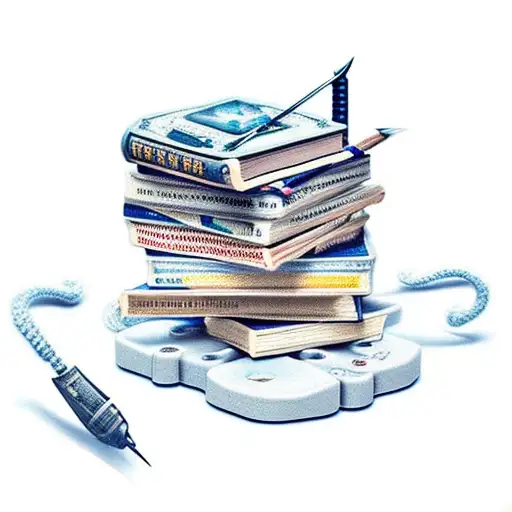 a stack of books a game controller crochet hooks and yarn tattoo design idea