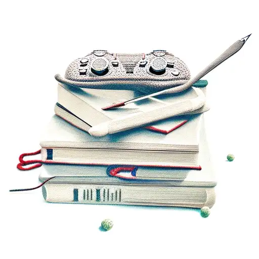 a stack of books a game controller crochet hooks and yarn tattoo design idea