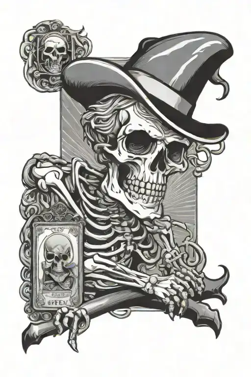 the fool tarot card, skeleton, trucker hat tattoo design idea