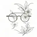 abstract eyeglasses with flowers on top half tattoo design idea