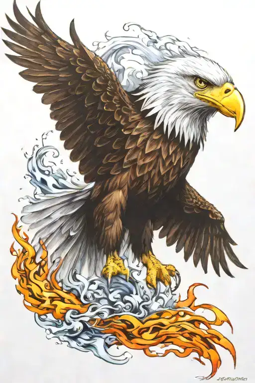 Eagle with a background of fire and water tattoo design idea