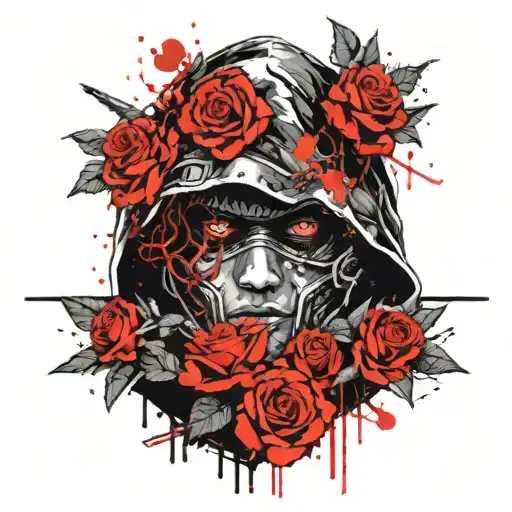 hooded warrior red eyes surrounded by roses tattoo design idea