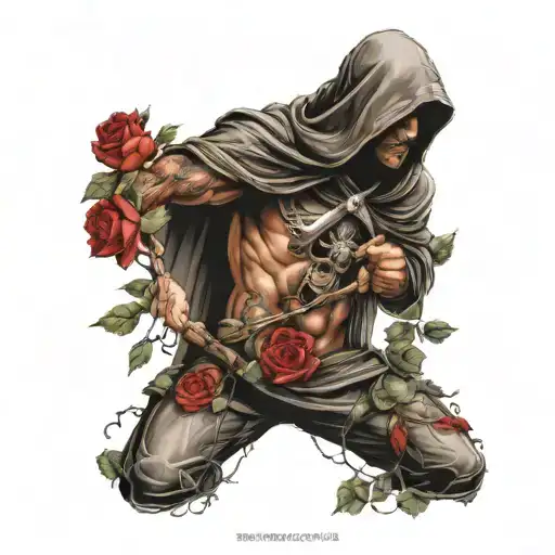 hooded warrior surrounded by roses tattoo design idea