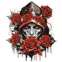 hooded warrior red eyes surrounded by roses tattoo design idea