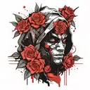hooded warrior red eyes surrounded by roses tattoo design idea