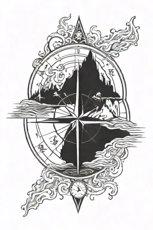 compass with ocean and mountain range tattoo design idea