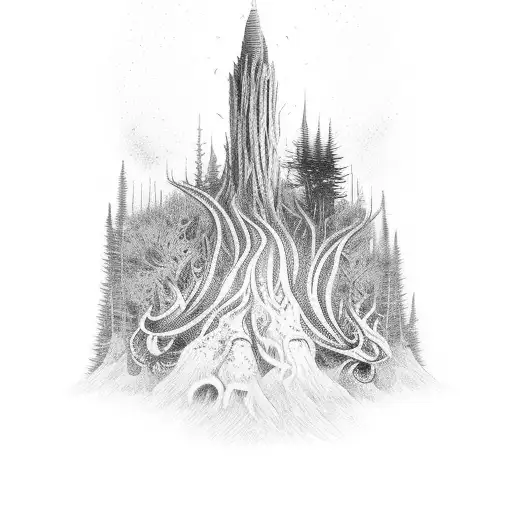 A tattoo of a majestic dark tower with intricate dotwork details, surrounded by a variety of animals in a forest setting tattoo design idea