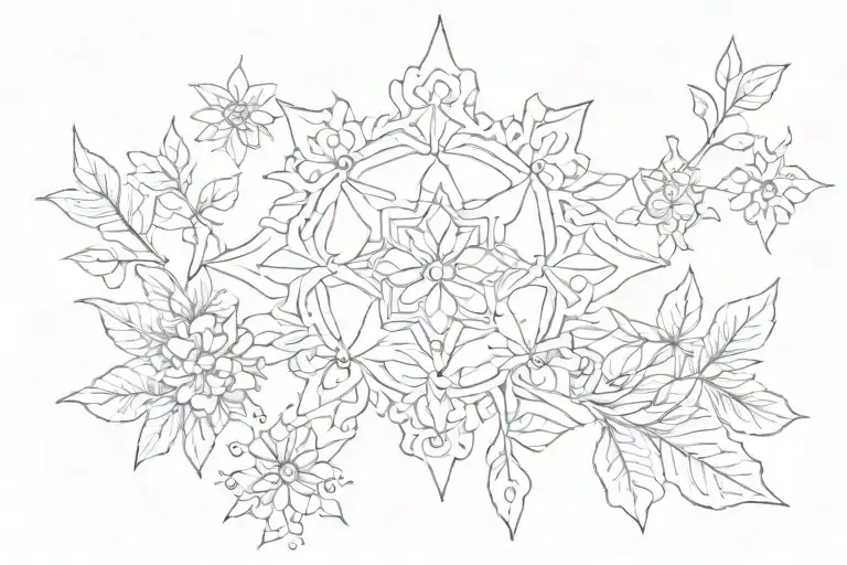 flower, sun, leaf, snowflake, cross surrounded tattoo design idea
