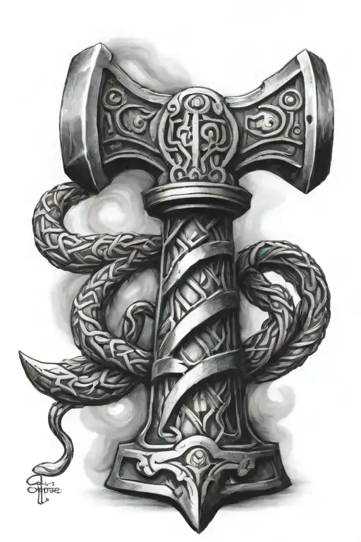 thors hammer with serpent wrapped around handle tattoo design idea