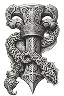 thors hammer with serpent wrapped around handle tattoo design idea