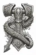 thors hammer with serpent wrapped around handle tattoo design idea