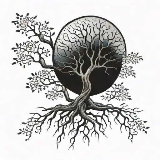 tree with roots and a sapphire gemstone tattoo design idea