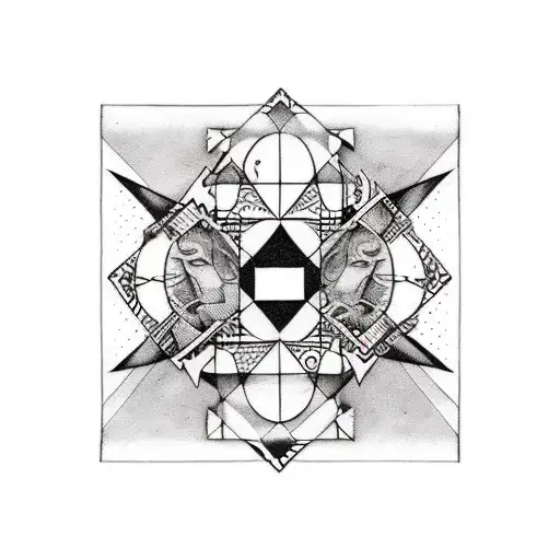bauhaus, abstract, black and white, patchwork, creature, polaroid, comic tattoo design idea