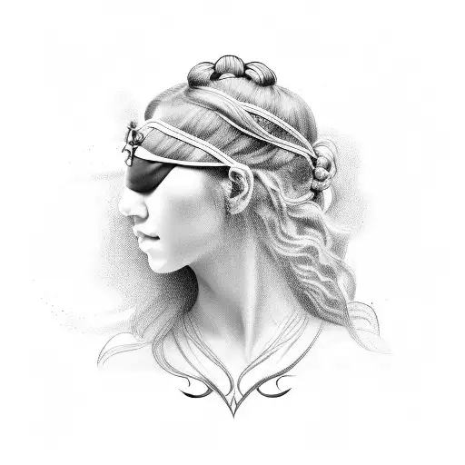 A beautiful blindfolded woman, with long wavy hair and an Ancient Greece Style tunic with the neckline highlighted. In h tattoo design idea