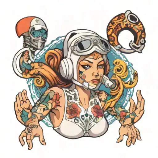 Women in a white one piece swimsuit, swimming underwater with an oval dive mask on. tattoo design idea