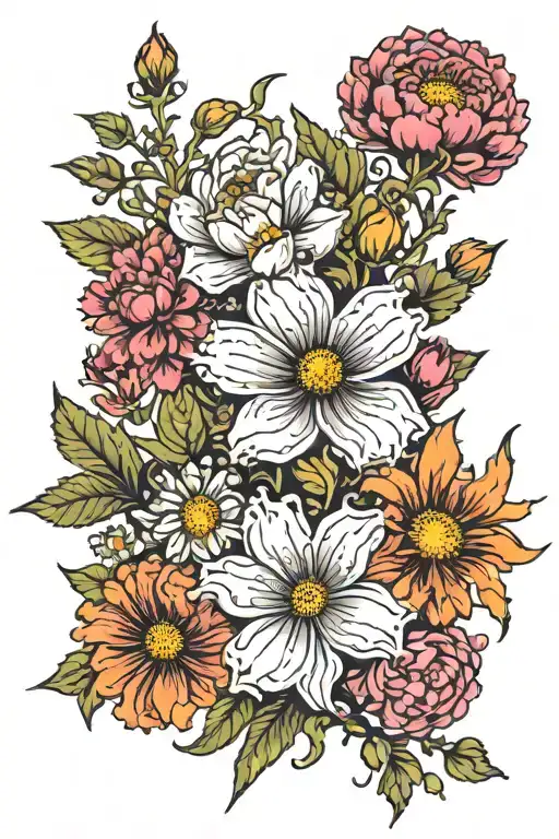 marigolds, cosmos,Narcissus,chrysanthemum, carnations tattoo design idea