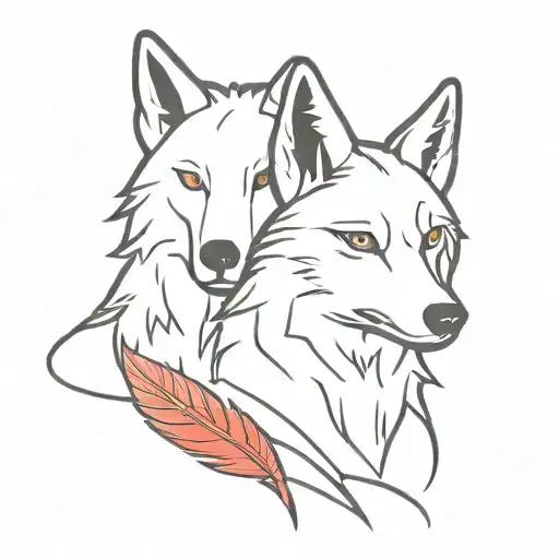 small, not very detailed black word tattoo of two wolves with the incorporation of a red feather  tattoo design idea