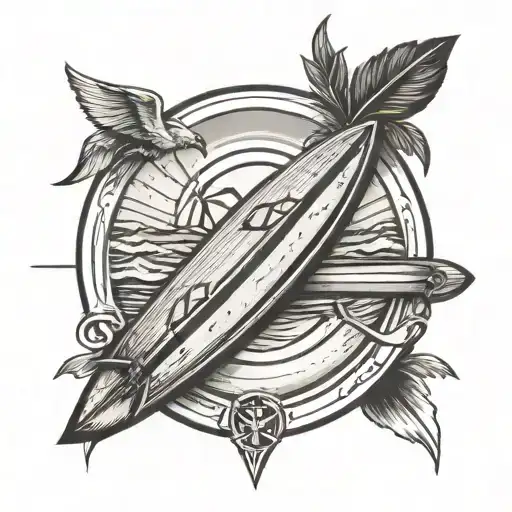PLAGE AVEC UNE PETITE PLANCHE DE SURF AUTOUR D'UN ROND. AU DESSUS IL Y A UNE CROIX CHRETIENNE ET DES AILES D'ANGE tattoo design idea