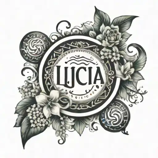 The name Lucia with a pices zodiac sign along with the name Amira with a gemini zodiac sign in an oval tattoo design idea