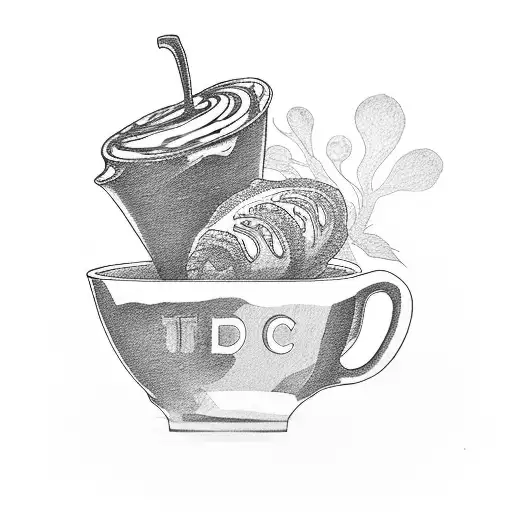 scene of a cup of coffee, a croissant, and a baguette inside a bag on a table tattoo design idea