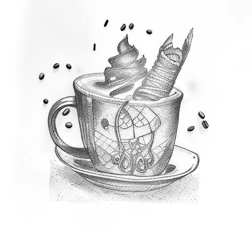 a cup of coffee, a croissant, and a baguette inside a bag on a table tattoo design idea