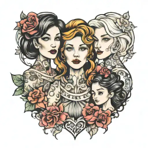 mother and two daughters tattoo design idea