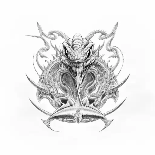 An intricate design featuring a reptile, bird, shark, dinosaur, and muscle car intertwined in a mesmerizing pattern tattoo design idea