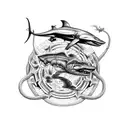 An intricate design featuring a reptile, bird, shark, dinosaur, and muscle car intertwined in a mesmerizing pattern tattoo design idea