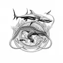 An intricate design featuring a reptile, bird, shark, dinosaur, and muscle car intertwined in a mesmerizing pattern tattoo design idea