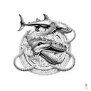 An intricate design featuring a reptile, bird, shark, dinosaur, and muscle car intertwined in a mesmerizing pattern tattoo design idea