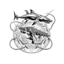 An intricate design featuring a reptile, bird, shark, dinosaur, and muscle car intertwined in a mesmerizing pattern tattoo design idea