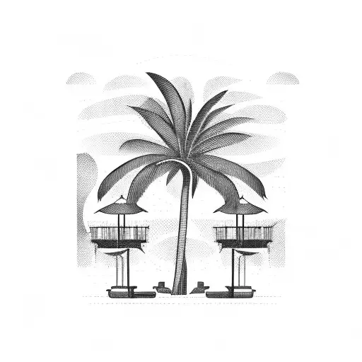 An intricate blackwork design of a swimming pool surrounded by palm trees and beach chairs tattoo design idea