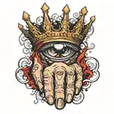 the word king across fingers outstretched eye tattoo design idea