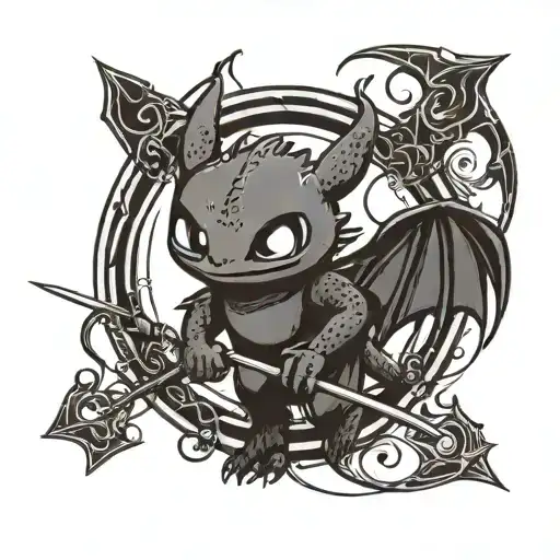 A minimalist design of Toothless from 'How to Train Your Dragon' with a bow and arrow, symbolizing the client's love for archery and dragons tattoo design idea