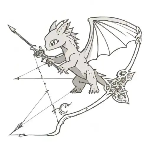 A minimalist design of Toothless from 'How to Train Your Dragon' with a bow and arrow, symbolizing the client's love for archery and dragons tattoo design idea